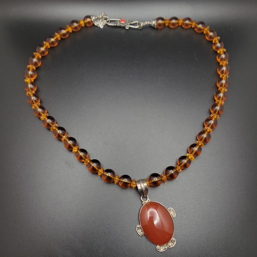 Sterling Silver Carnelian Bead Necklace with Carnelian Pendant - Women Jewelry